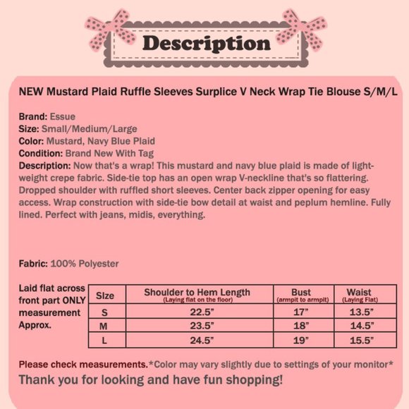 Mustard Plaid Check Ruffle Sleeves Wrap Tie Blouse - Picture 10 of 10